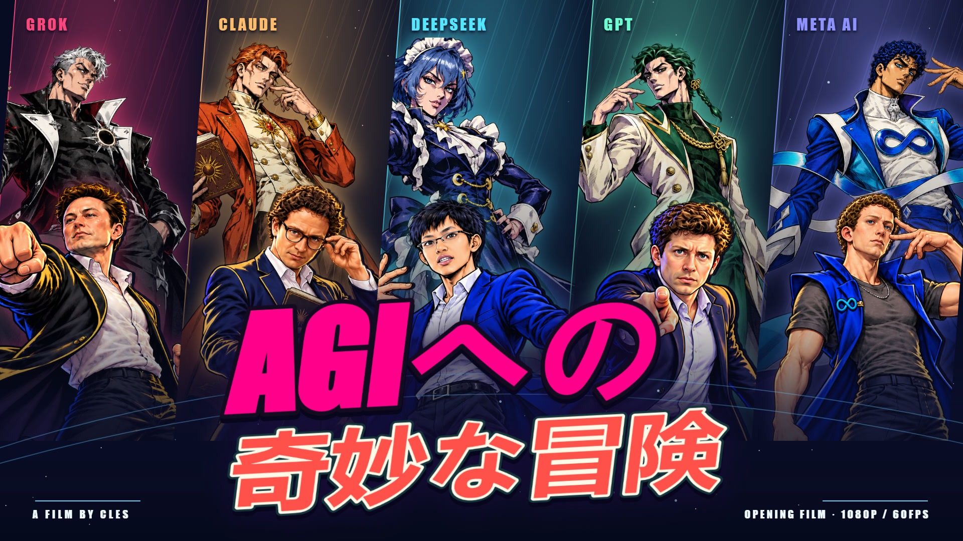 《AGIへの奇妙な冒険》横版封面，五位 CEO 与各自的 AI 替身同框