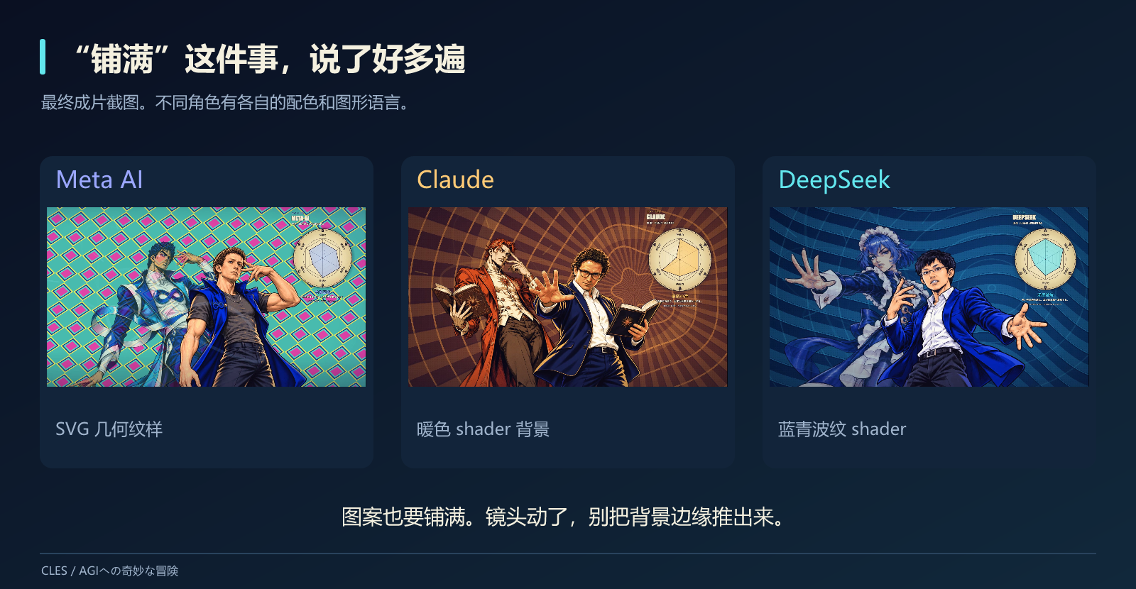 Meta AI、Claude 和 DeepSeek 在最终成片中的不同背景
